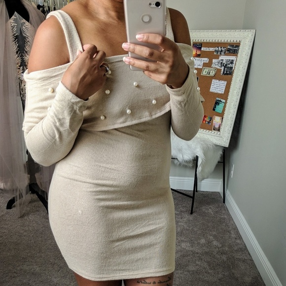 Pearl Detail Off Shoulder Brushed Hacci Dress - Picture 2 of 5